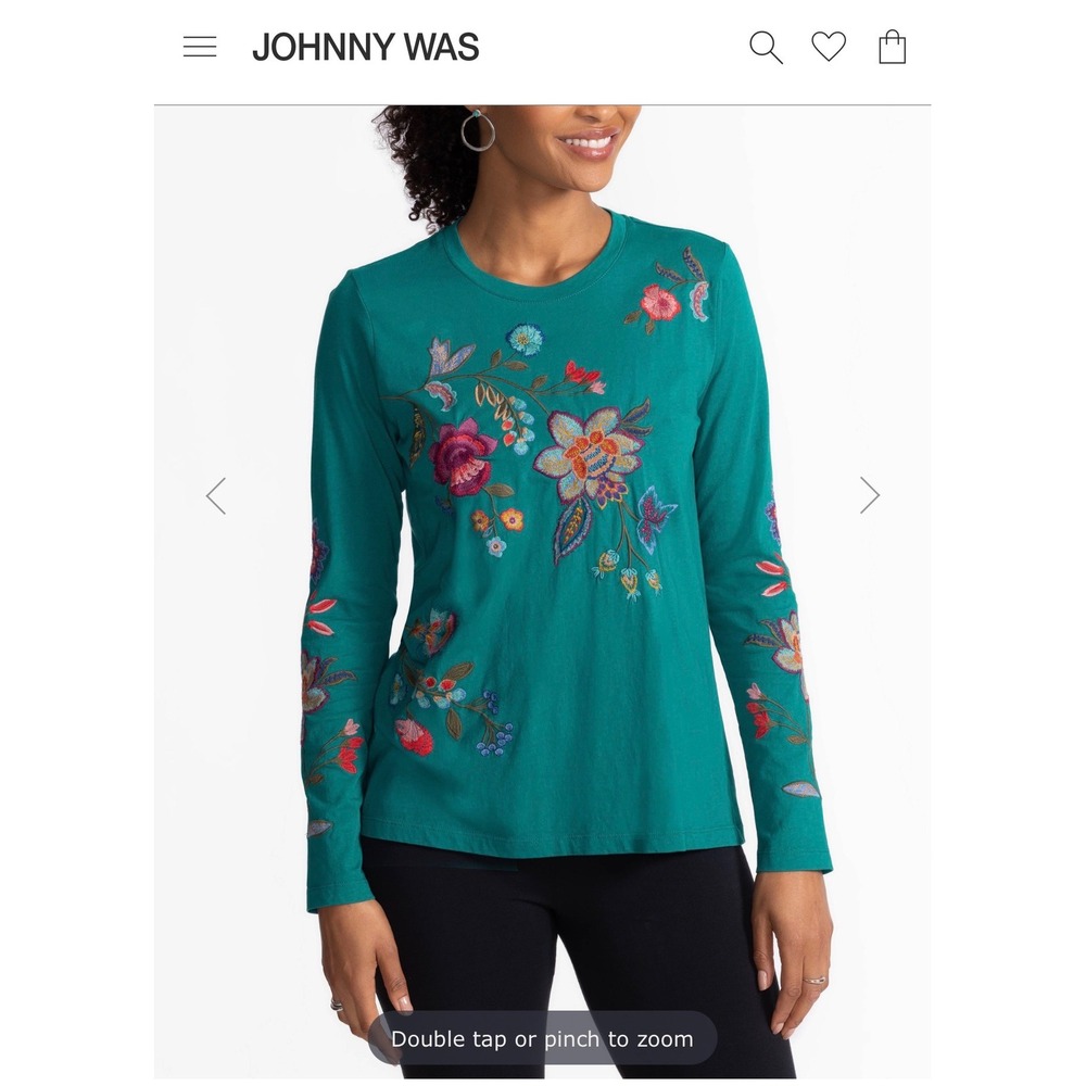 Johnny Was Raw Seam Crew Neck Tee Noire Teal Floral Embroidered Top Small NEW